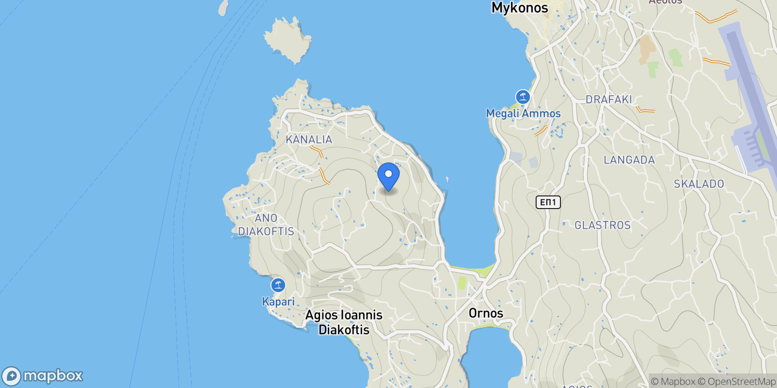 Map showing Mykonos, Aegean, Greece.