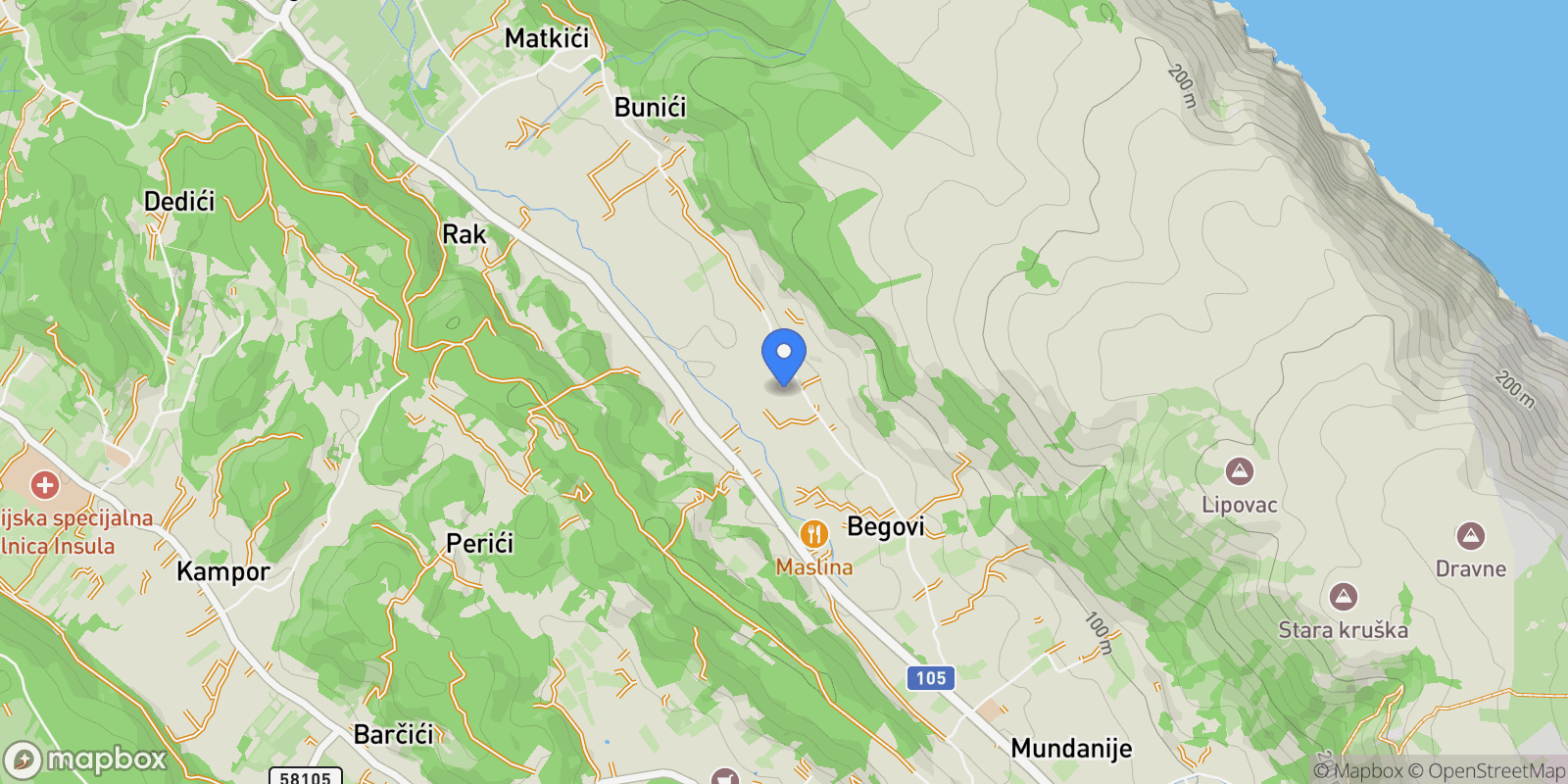 Map showing Mundanije, Primorje-Gorski Kotar County, Croatia.