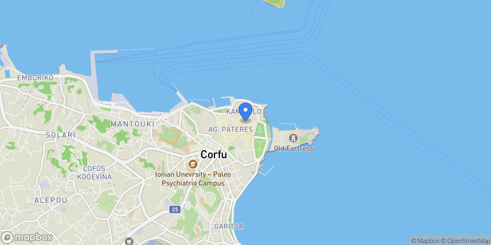 Map showing Corfu, Peloponnese, Western Greece and the Ionian, Greece.