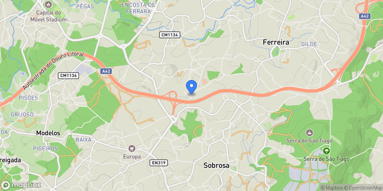 Map showing Ferreira, Paços de Ferreira, Porto, Paços de Ferreira, Ferreira, Porto District, Portugal.