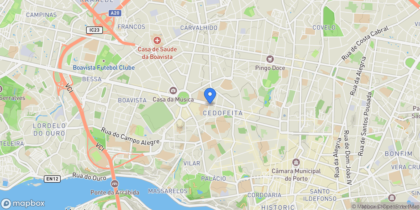 Map showing Cedofeita - Santo Ildefonso - Sé - Miragaia - São Nicolau - Vitória, Porto, Porto, Porto, Cedofeita, Santo Ildefonso, Se, Miragaia, Sao Nicolau e Vitoria, Porto District, Portugal.