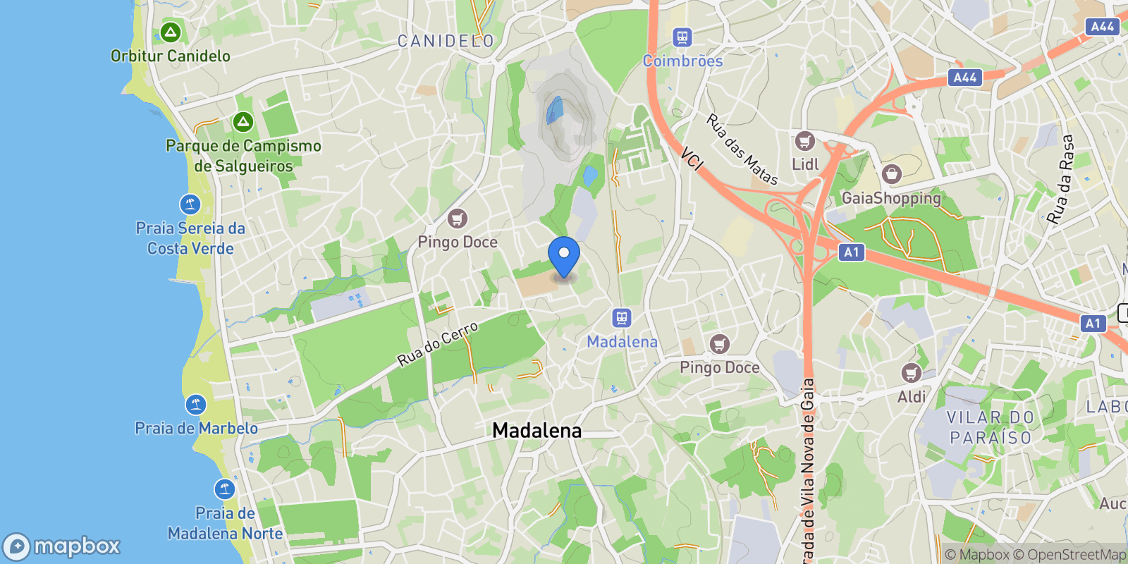 Map showing Madalena, Vila Nova de Gaia, Porto, Vila Nova de Gaia, Madalena, Porto District, Portugal.