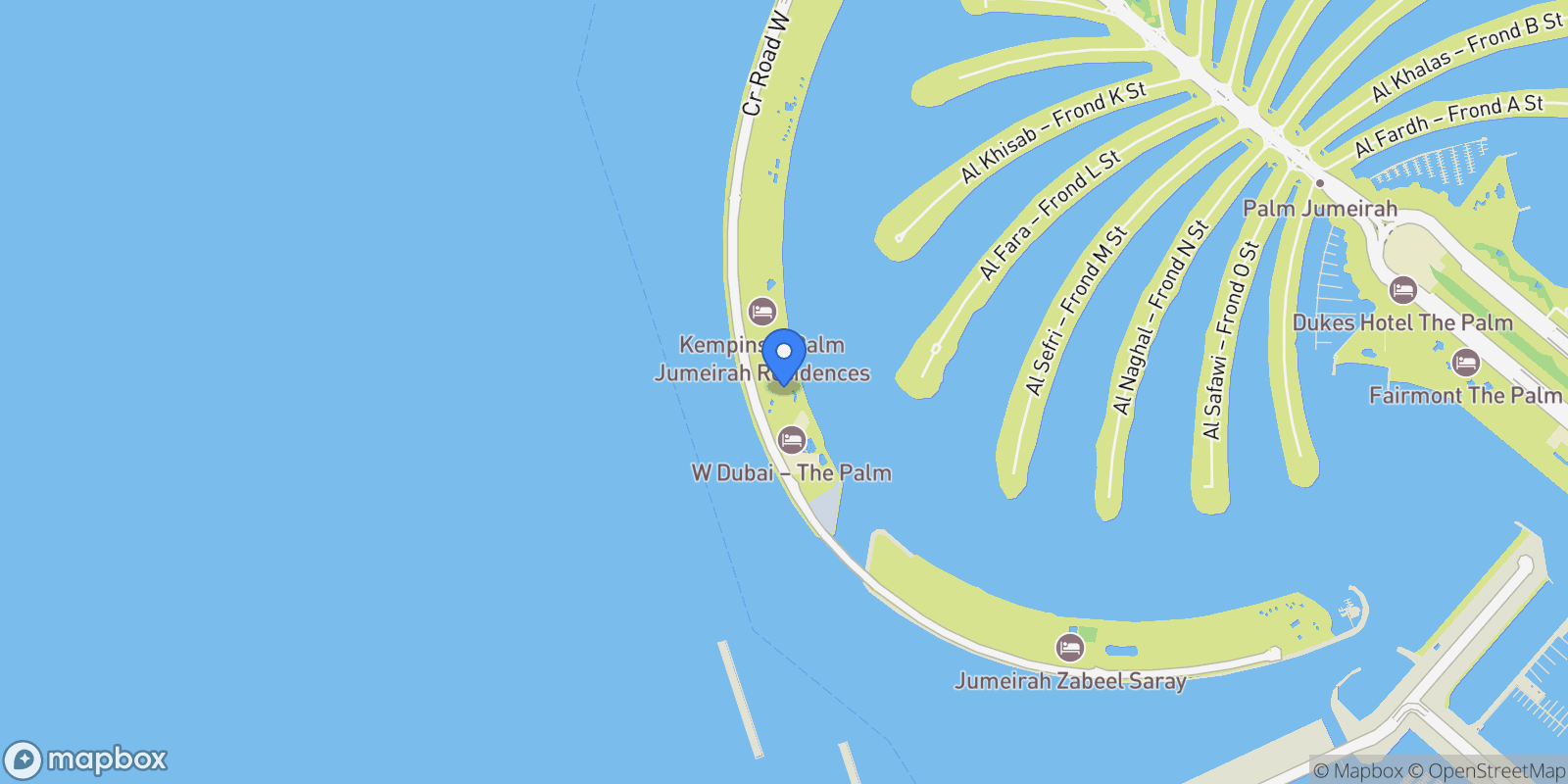 Map showing West - Plm Jumeirah - Crescent Rd - The Palm Jumeirah - Dubai - United Arab Emirates, Dubai, Dubai, United Arab Emirates.