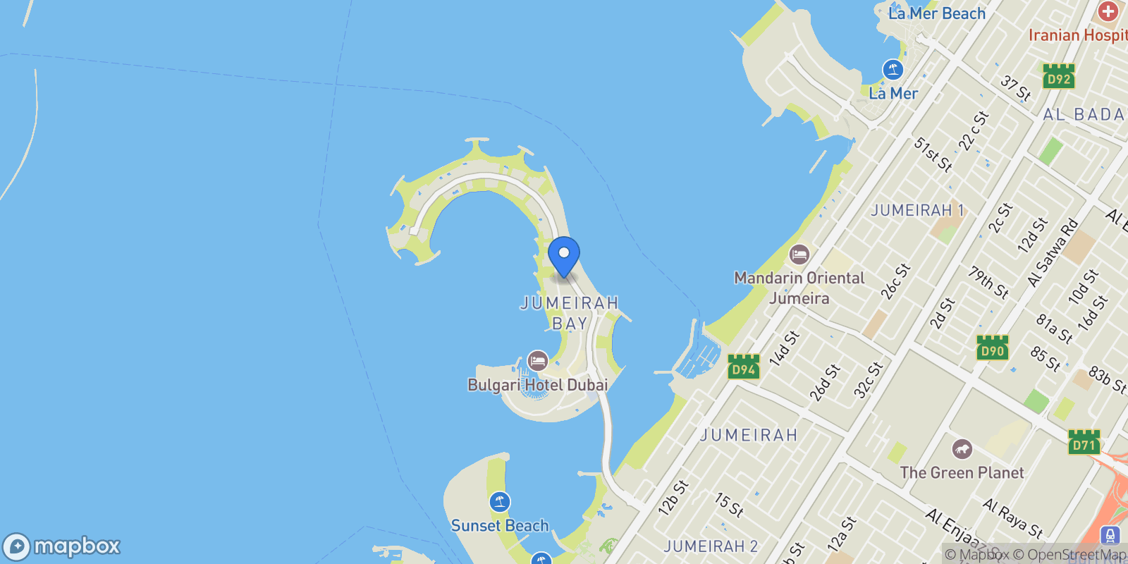 Map showing Jumeirah Bay - Jumeirah 2 - Dubai - United Arab Emirates, Dubai, United Arab Emirates.