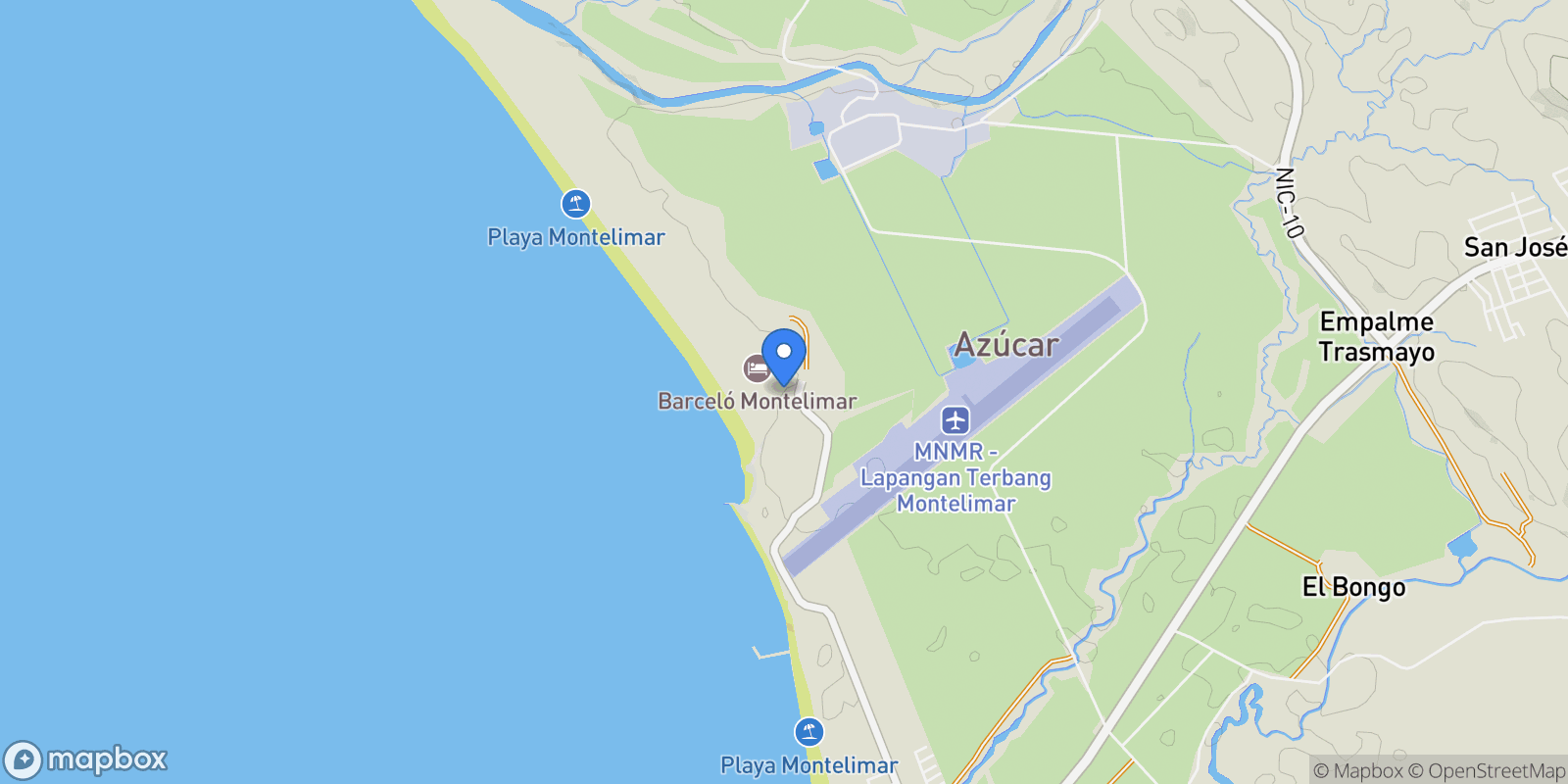 Map showing Playa Montelimar, Masashapa, Montelimar, Managua, Nicaragua.