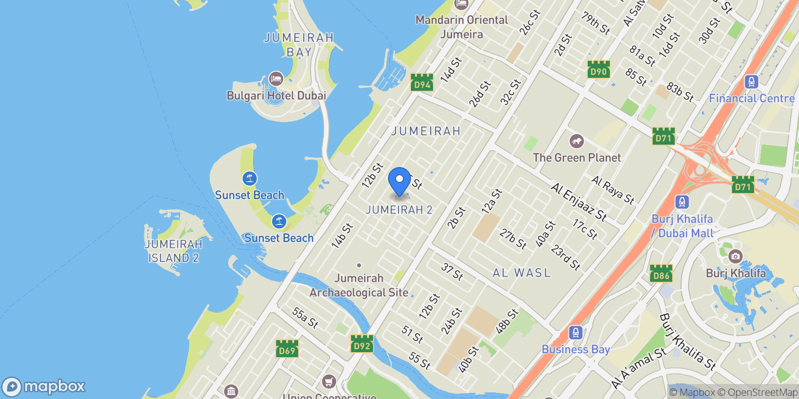 Map showing Jumeirah 2, Jumeirah, Dubai, Dubai, United Arab Emirates.