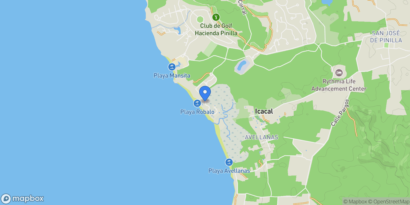 Map showing Hacienda Pinilla, Pinilla, Guanacaste Province, Costa Rica.