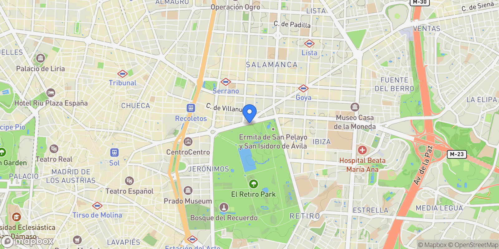 Map showing Retiro, Madrid, Spain.