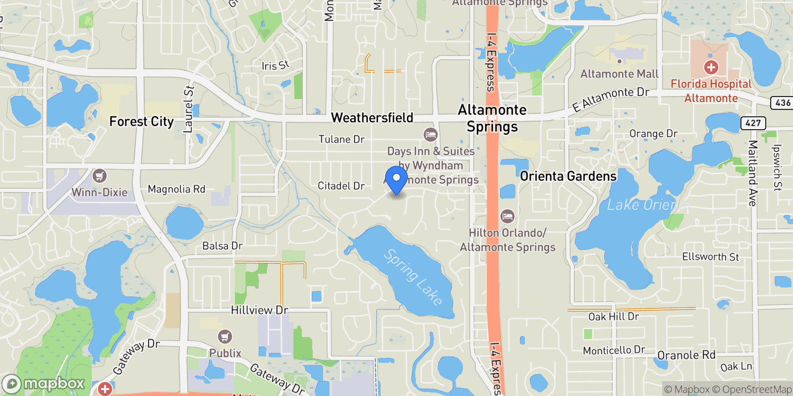 Map showing 103 ORANGE BLOSSOM CIRCLE, ALTAMONTE SPRINGS, FL 32714, Altamonte Springs, Florida, United States.