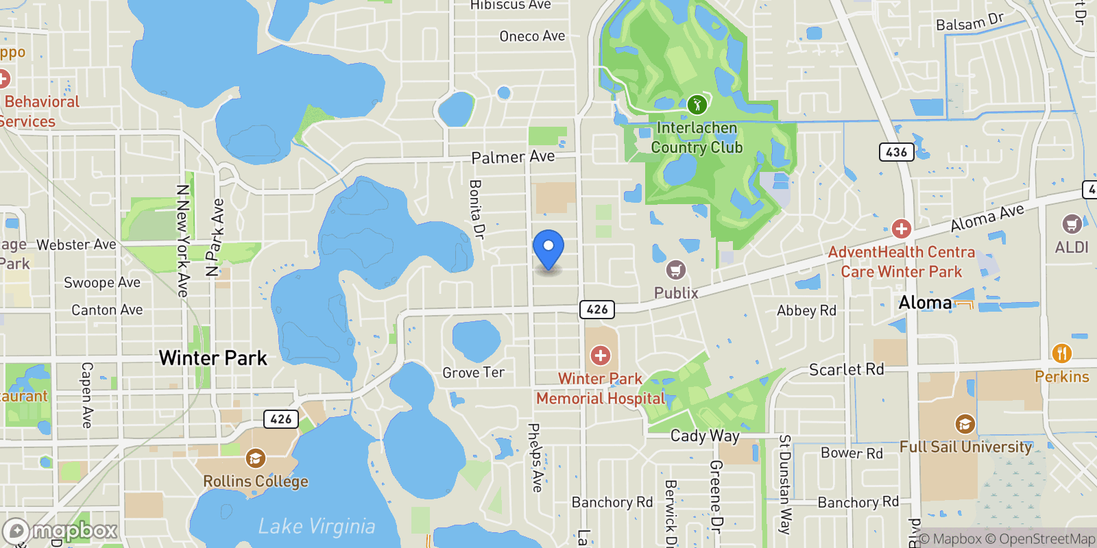 Map showing 1780 BRYAN AVENUE, WINTER PARK, FL 32789, Winter Park, Florida, United States.