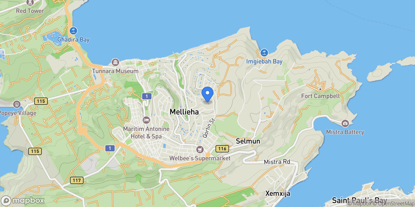 Map showing Mellieha, Mellieha, Malta.