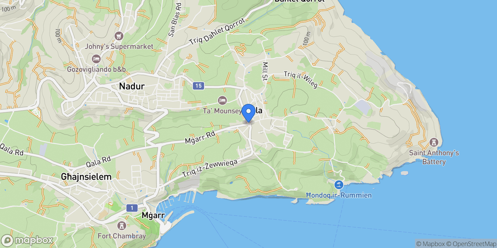 Map showing Qala, Gozo, Qala, Malta.