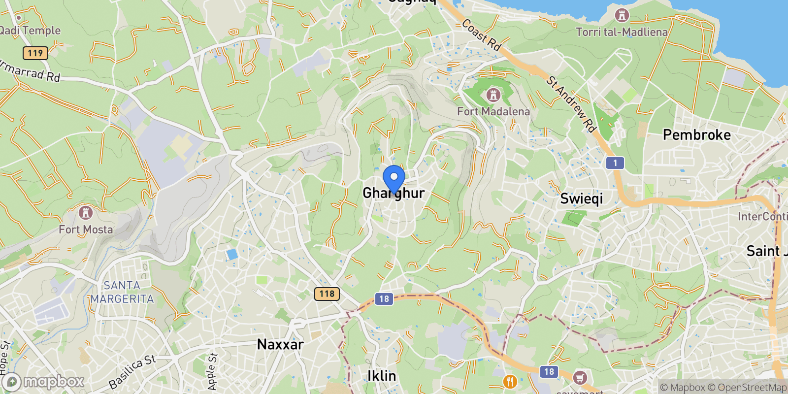 Map showing Gharghur, Ä¦al GÄ§argÄ§ur, Malta.
