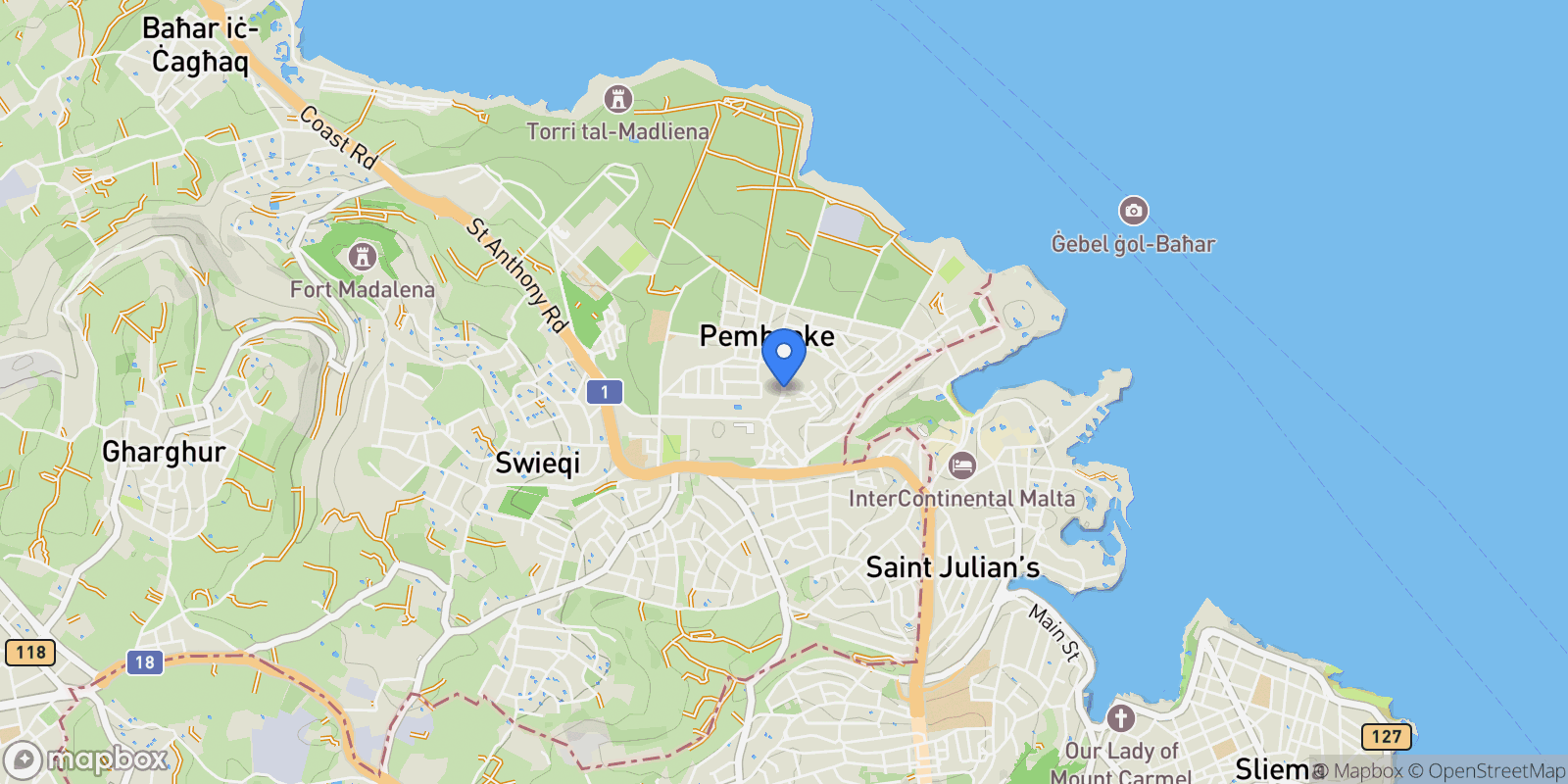 Map showing Pembroke, Malta.