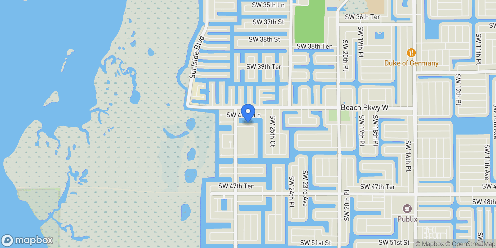 Map showing 2703 SW 43rd Terrace, Cape Coral, FL 33914, Cape Coral, Florida, United States.