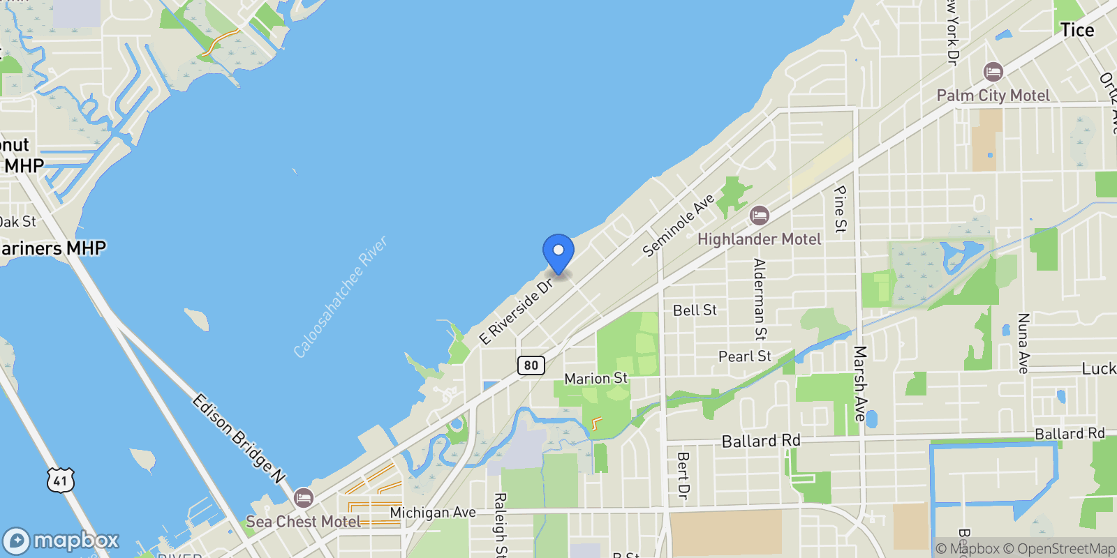 Map showing 3388 E Riverside Drive, Fort Myers, FL 33916, Fort Myers, Florida, United States.