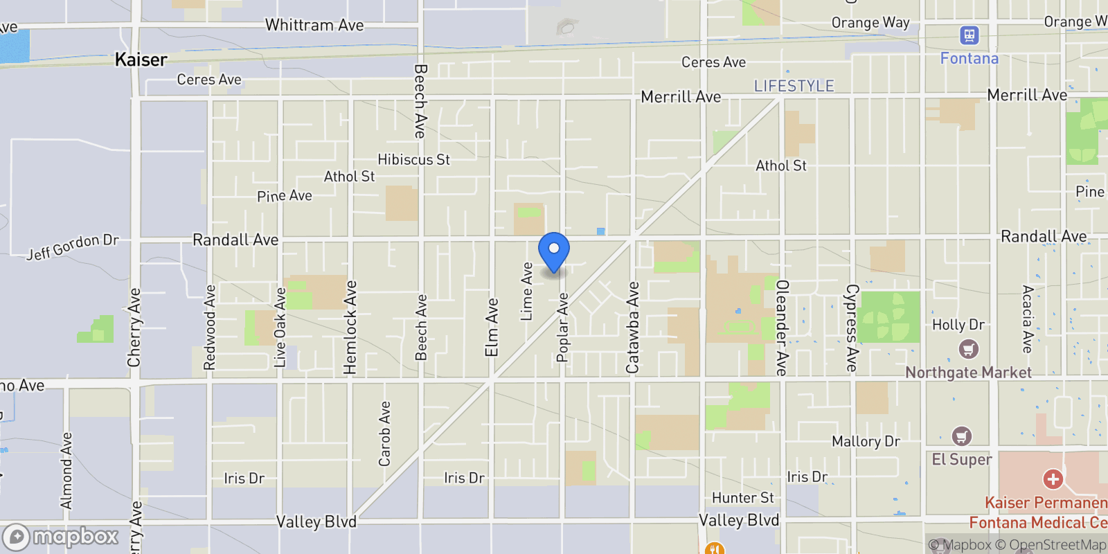 Map showing 9408 Poplar Avenue, Fontana, California, United States.