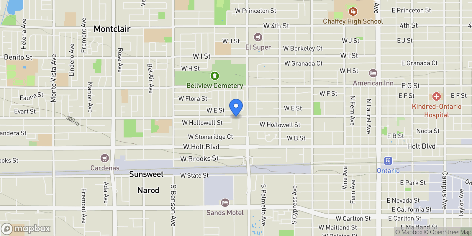 Map showing 1147 W D Street, Ontario, California, United States.