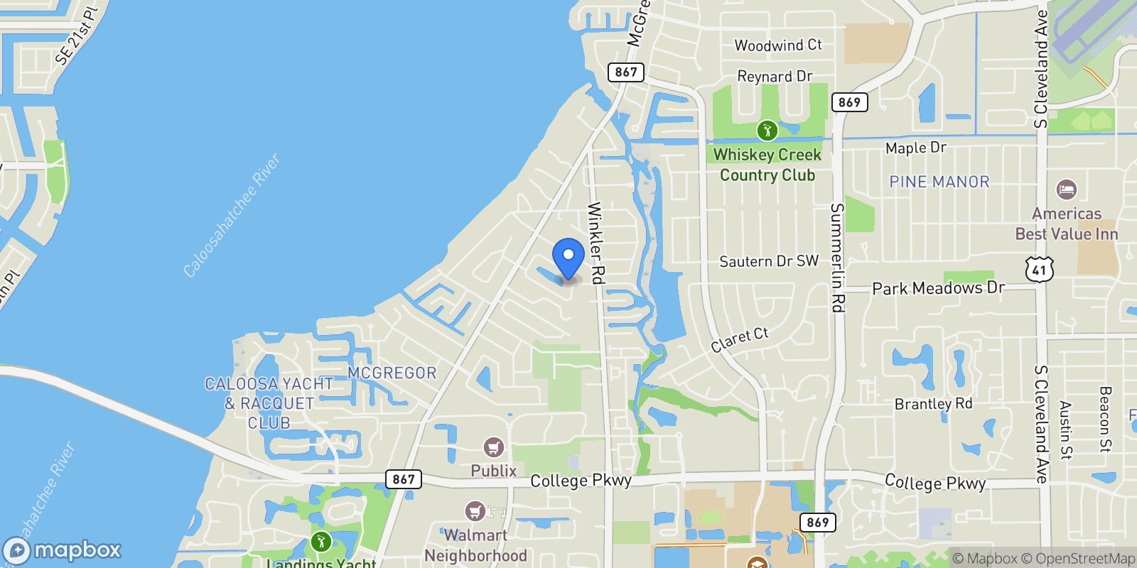 Map showing 8746 Banyan Cove Circle, Fort Myers, FL 33919, Fort Myers, Florida, United States.