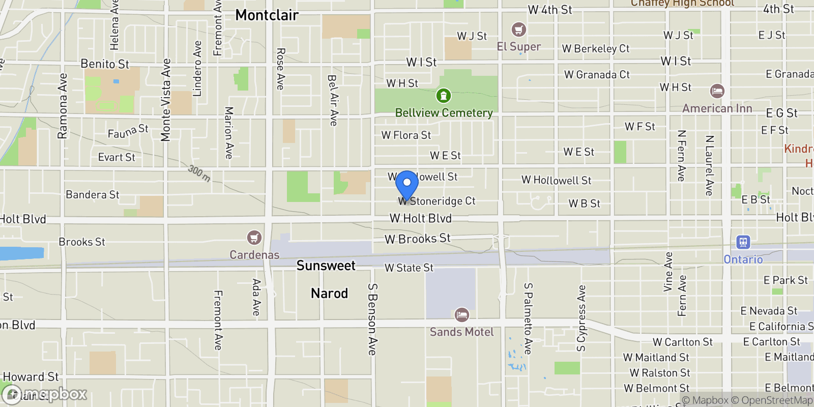 Map showing 1425 W Stoneridge Court, Ontario, California, United States.