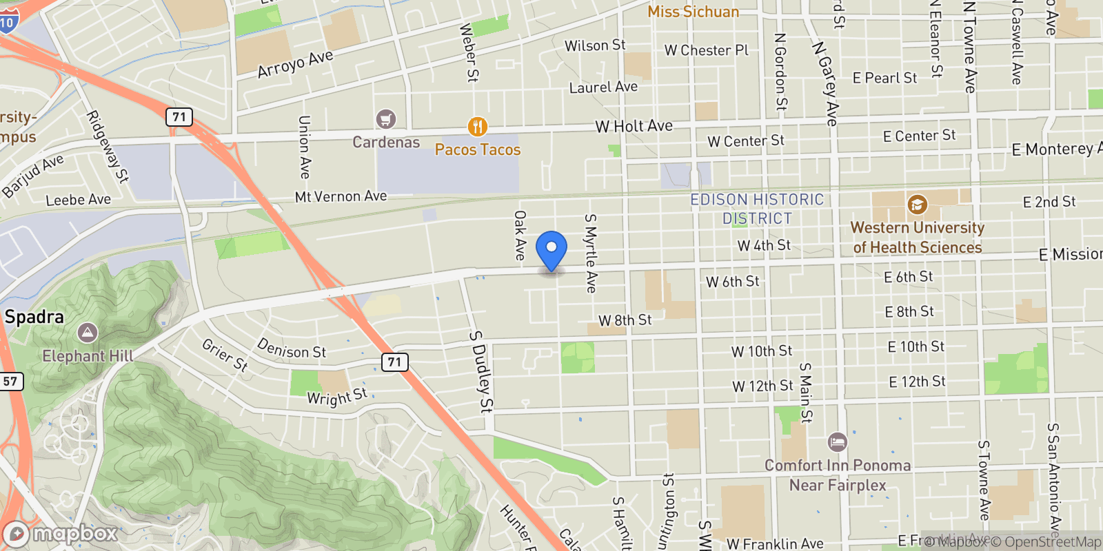 Map showing 1300 W Mission Boulevard, Pomona, California, United States.