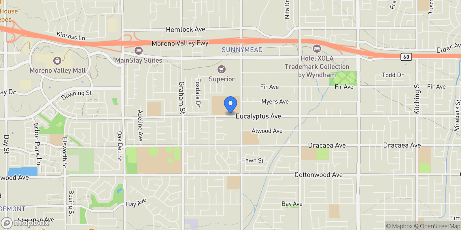 Map showing 23925 Eucalyptus, Moreno Valley, California, United States.