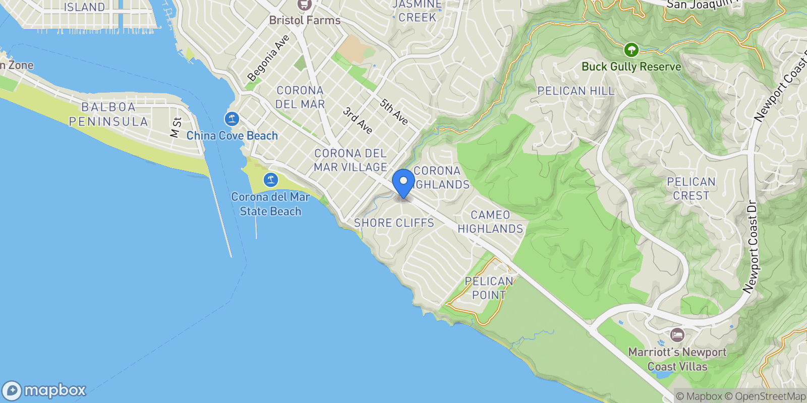 Map showing 301 Evening Canyon, Newport Beach, California, United States.