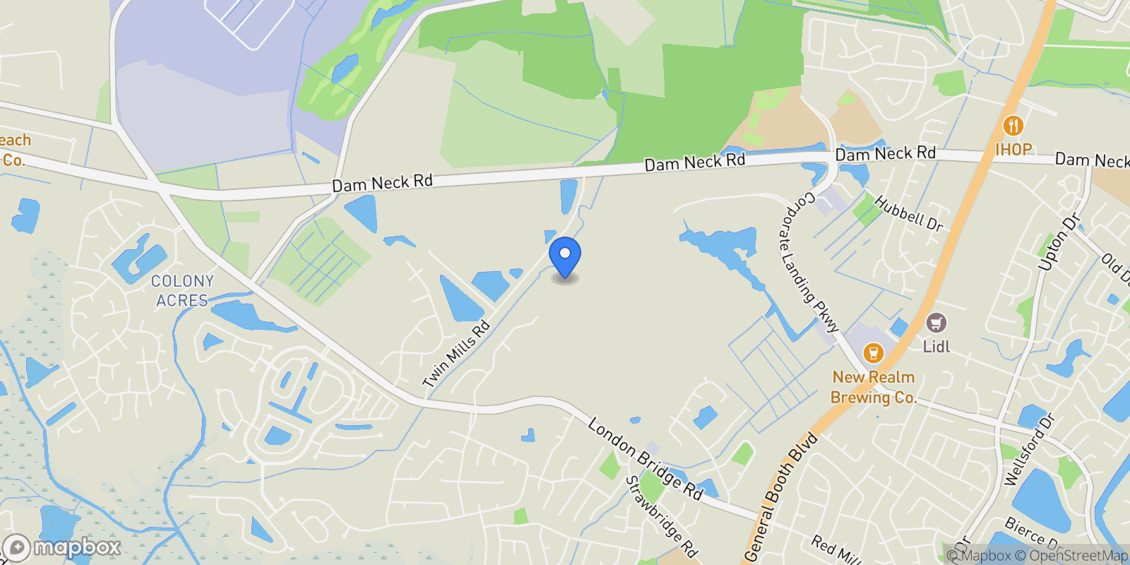 Map showing 1700 Mayberry Drive, Virginia Beach, Virginia, United States.