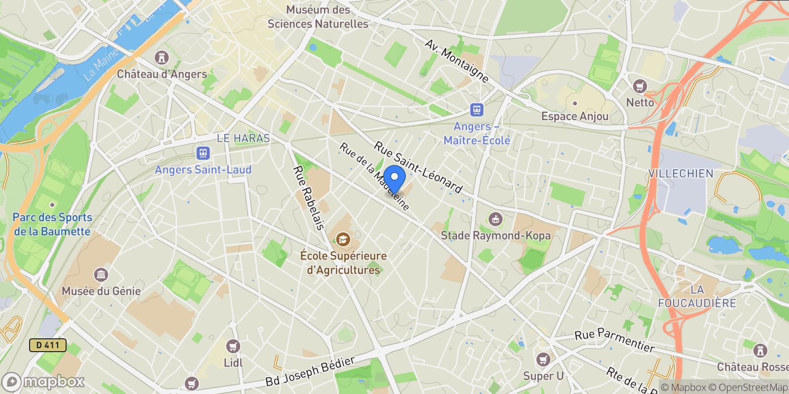 Map showing Angers, Pays de la Loire, France.