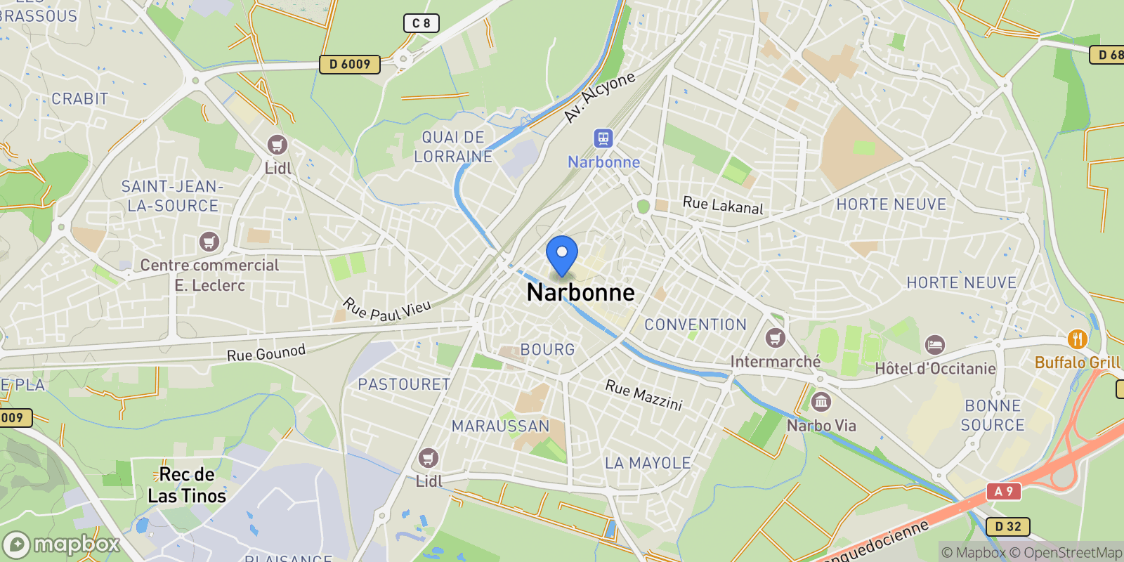 Map showing NARBONNE, K 11100, Narbonne, Occitanie, France.