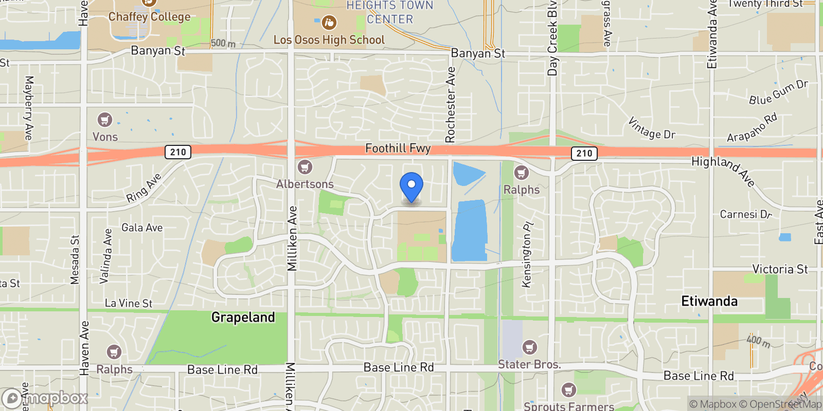 Map showing 11855 Modena Drive, Rancho Cucamonga, California, United States.