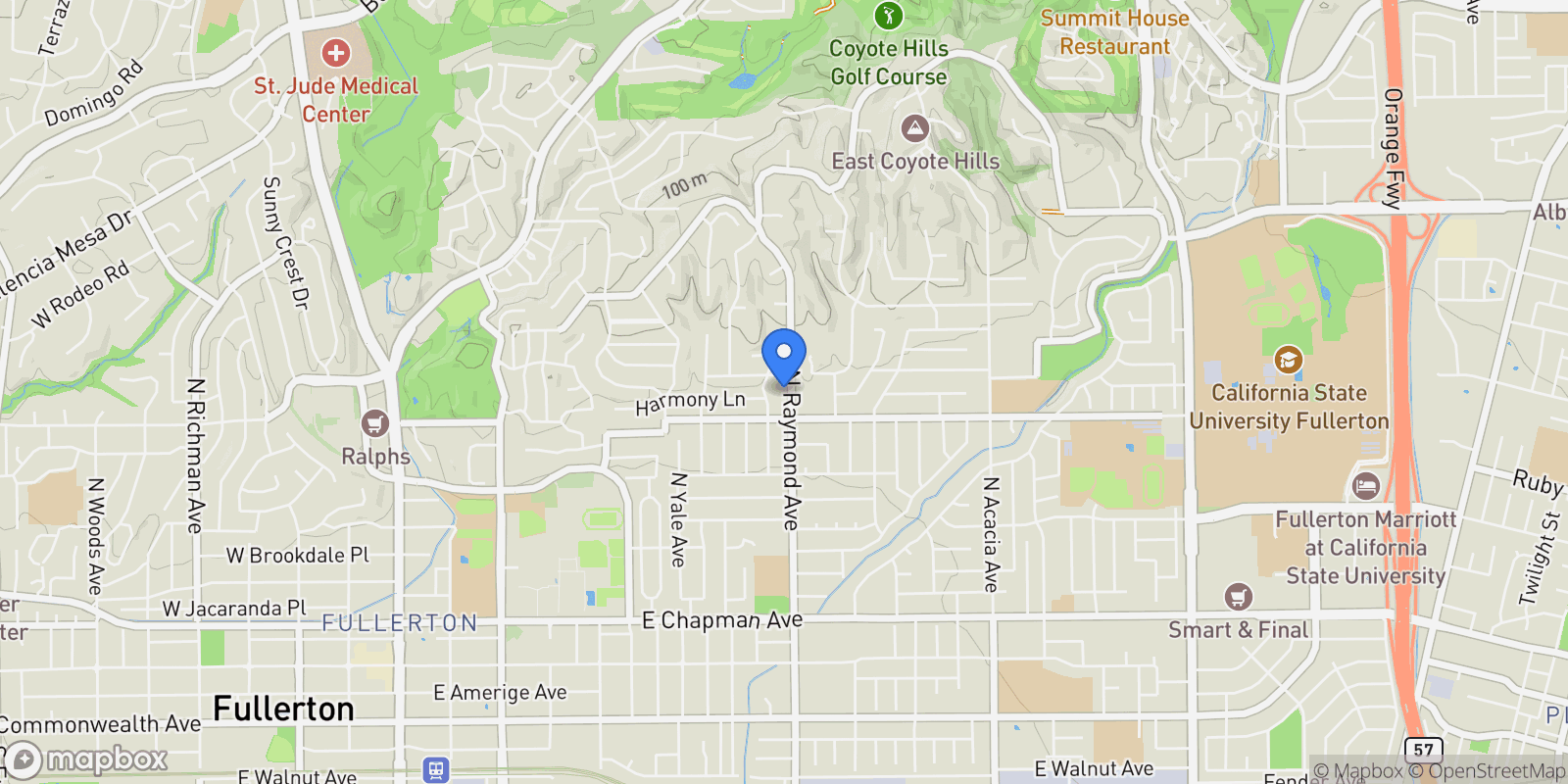 Map showing 1219 N Raymond Avenue, Fullerton, CA 92831, Fullerton, California, United States.