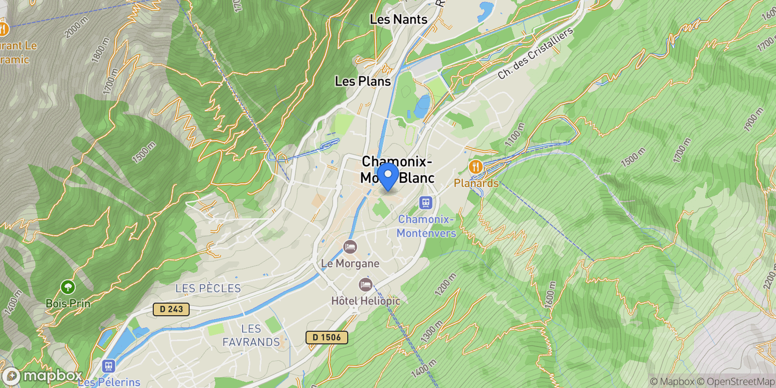 Map showing Chamonix, Auvergne-Rhône-Alpes, France.