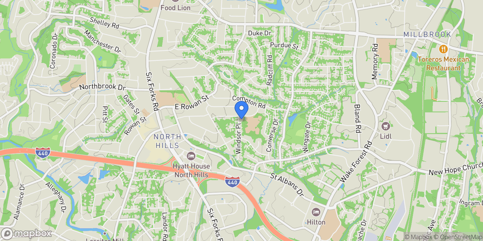Map showing 4308 Windsor Place, Raleigh NC 27609, Raleigh, North Carolina, United States.