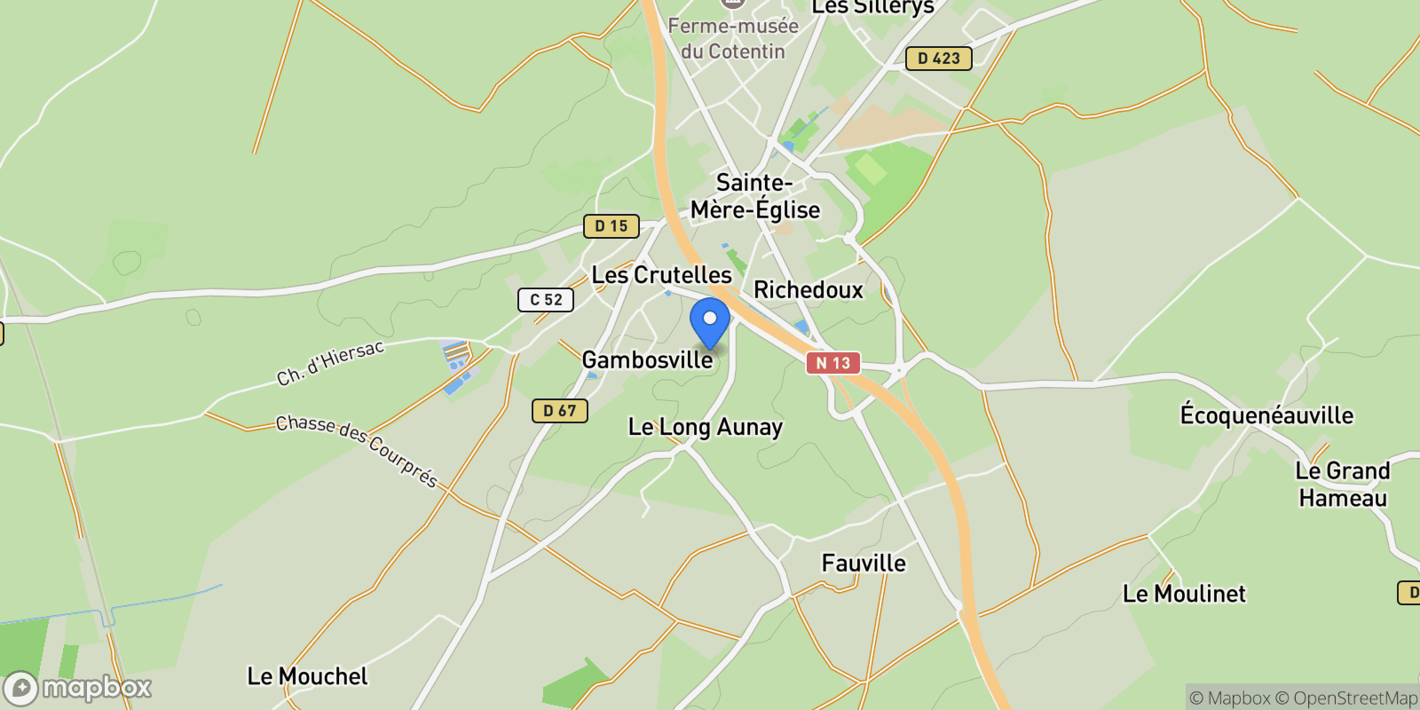 Map showing STE MERE EGLISE, P 50480, Sainte-Mère-Église, Normandy, France.
