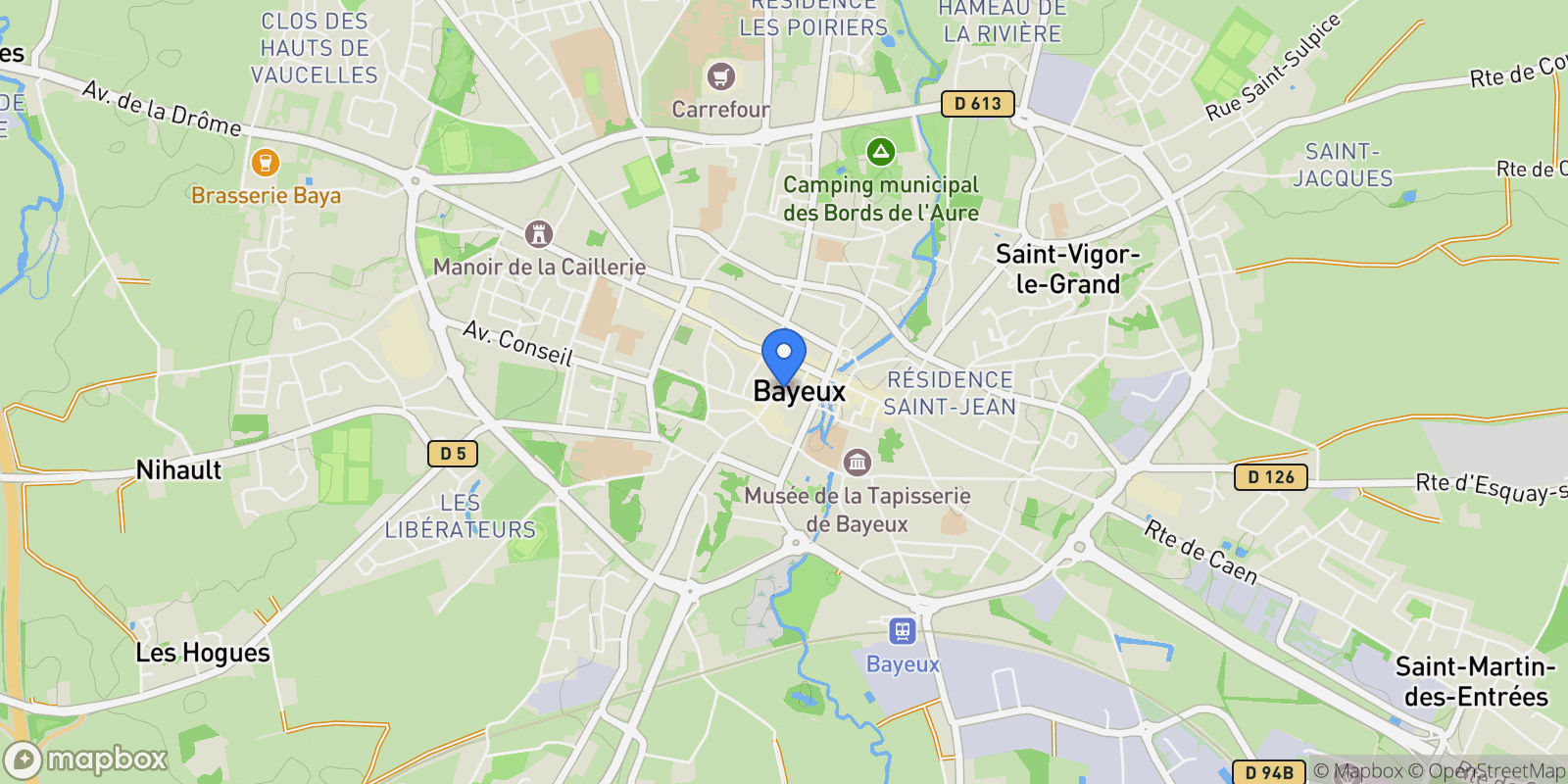 Map showing BAYEUX, P 14400, Bayeux, Normandy, France.