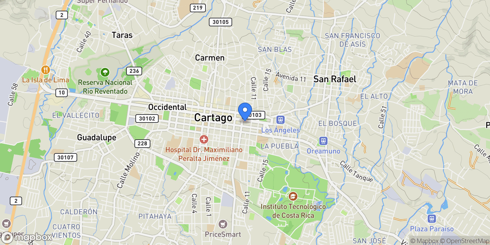 Map showing Cartago Province, Cartago, Costa Rica, El Tejar de El Guarco, Cartago Province, Costa Rica.