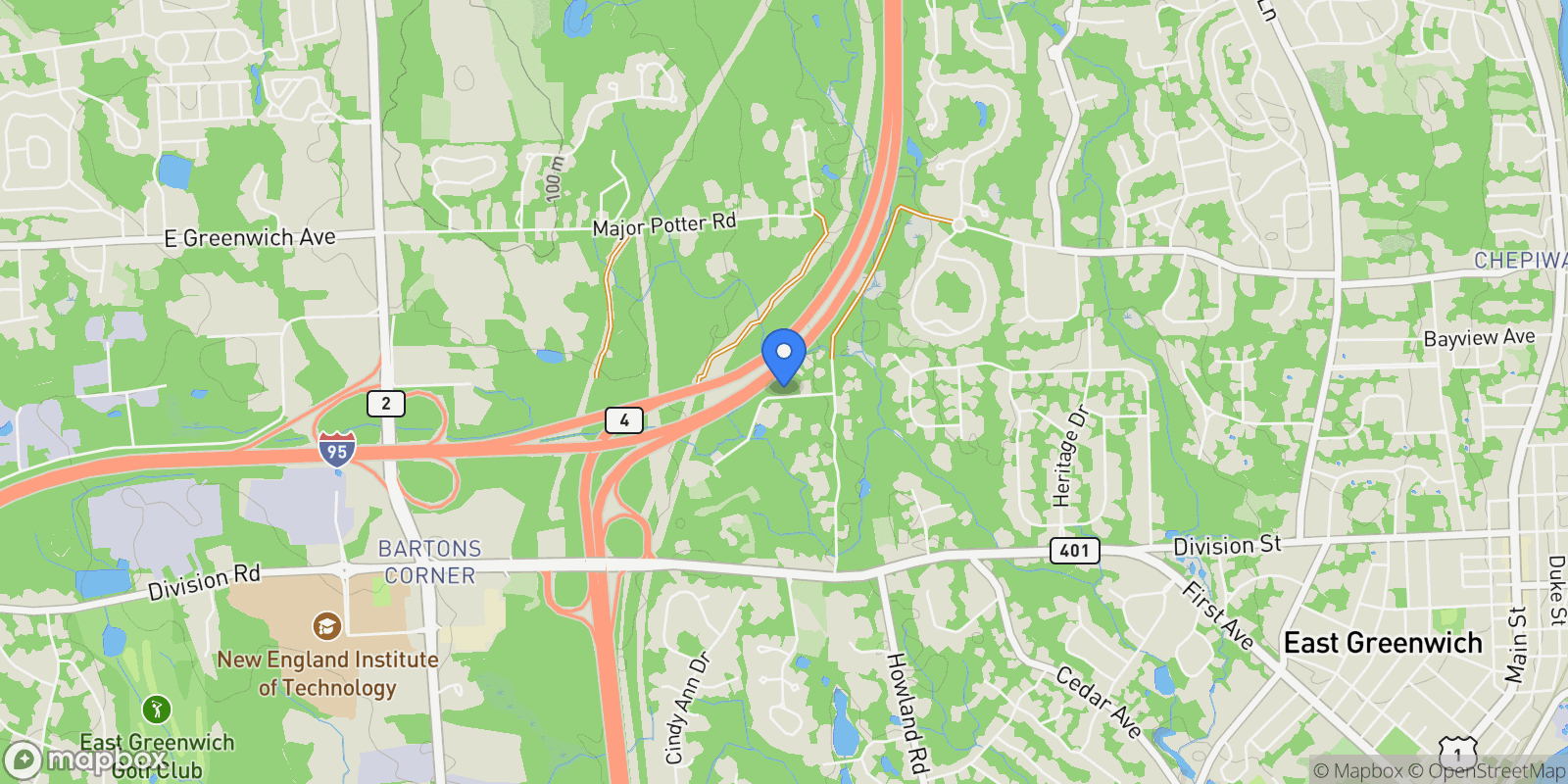 Map showing 44 Saddlebrook Drive, Warwick, Rhode Island, United States.
