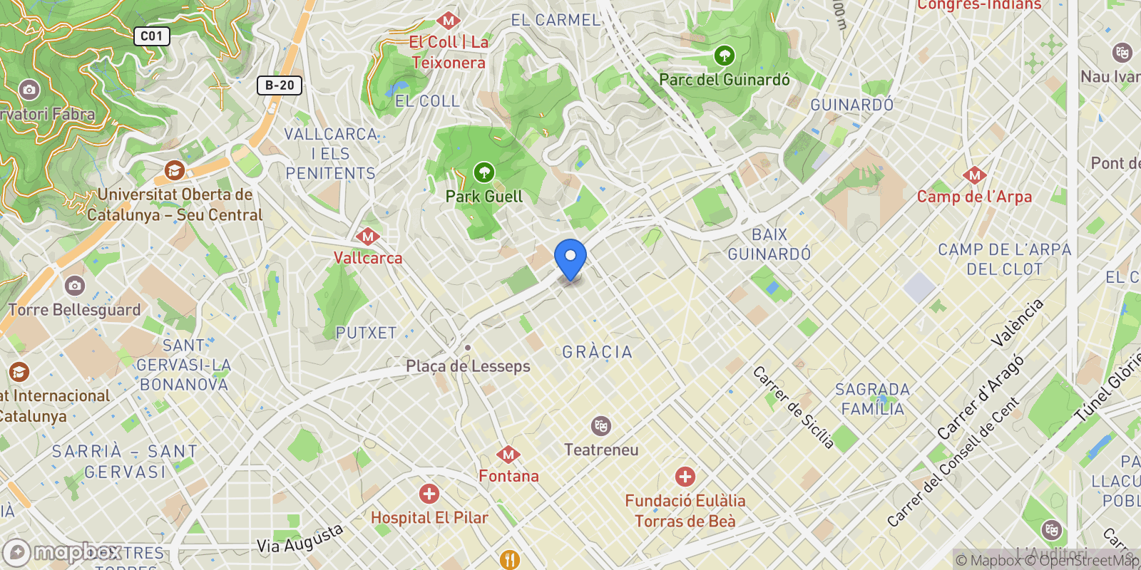Map showing Carrer del Torrent de les Flors, 147, Gràcia, 08024 Barcelona, Spain, Gracia, Barcelona, Spain.