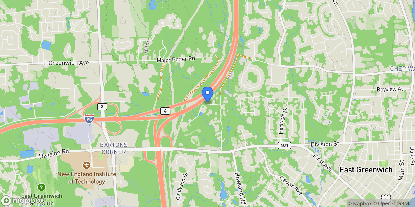 Map showing 44 Saddlebrook Drive, Warwick, Rhode Island, United States.