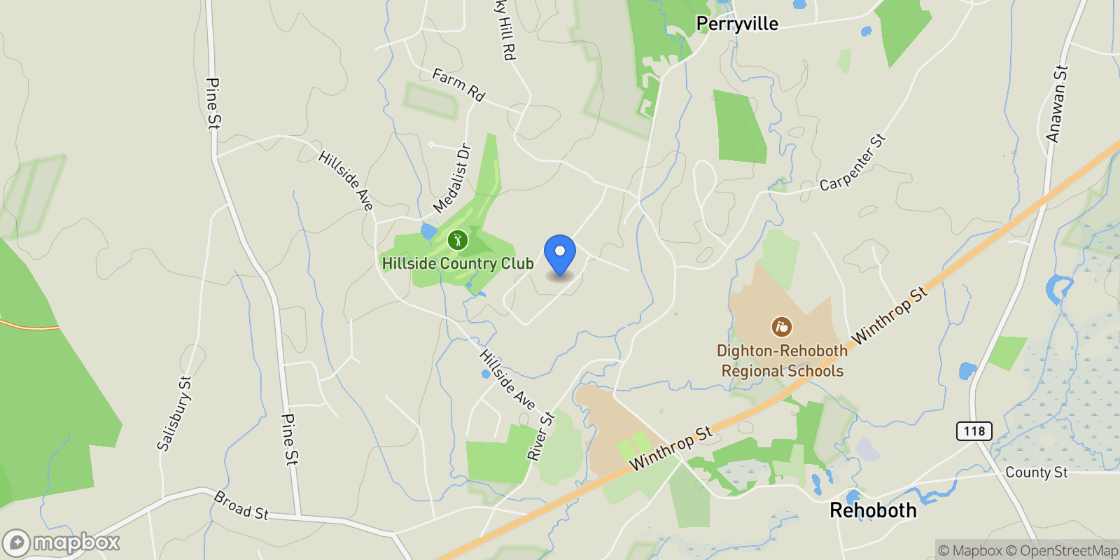 Map showing 6 Running Stream Road, Rehoboth, Massachusetts, United States.