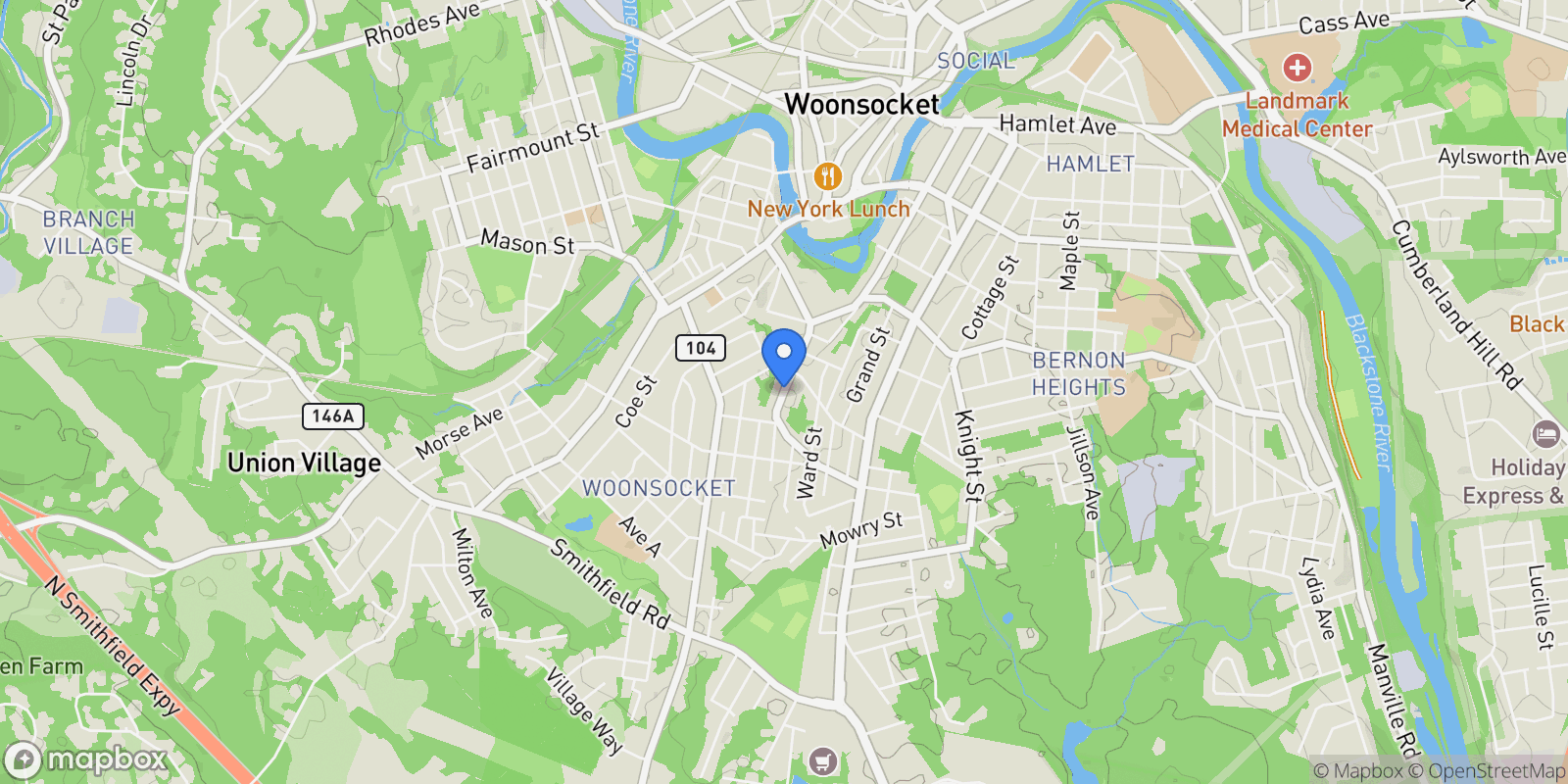 Map showing 0 River & Transit Street, Woonsocket, Rhode Island, United States.