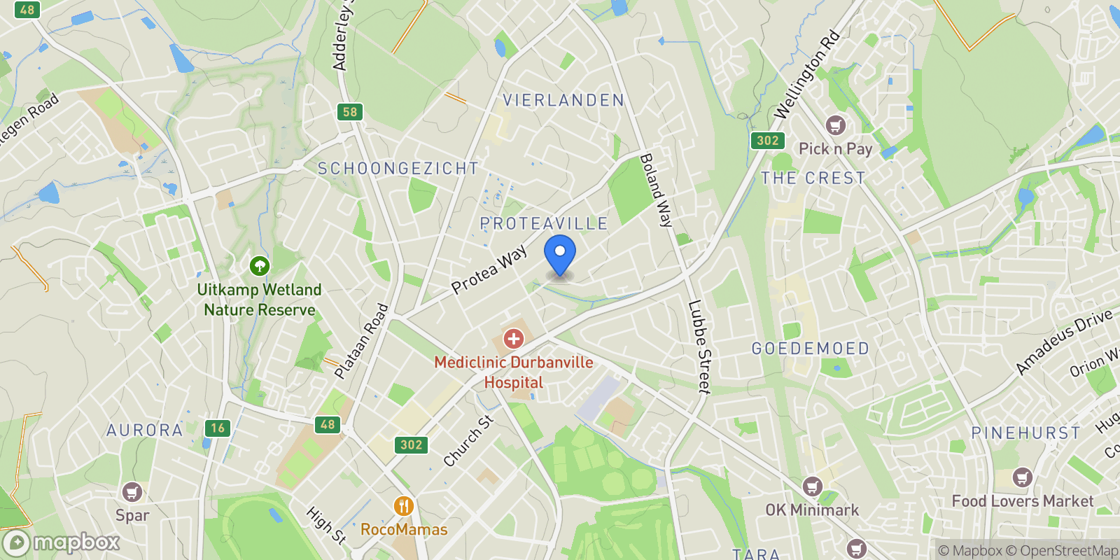 Map showing 2 Mimosa Street, Cape Town, Western Cape, South Africa.