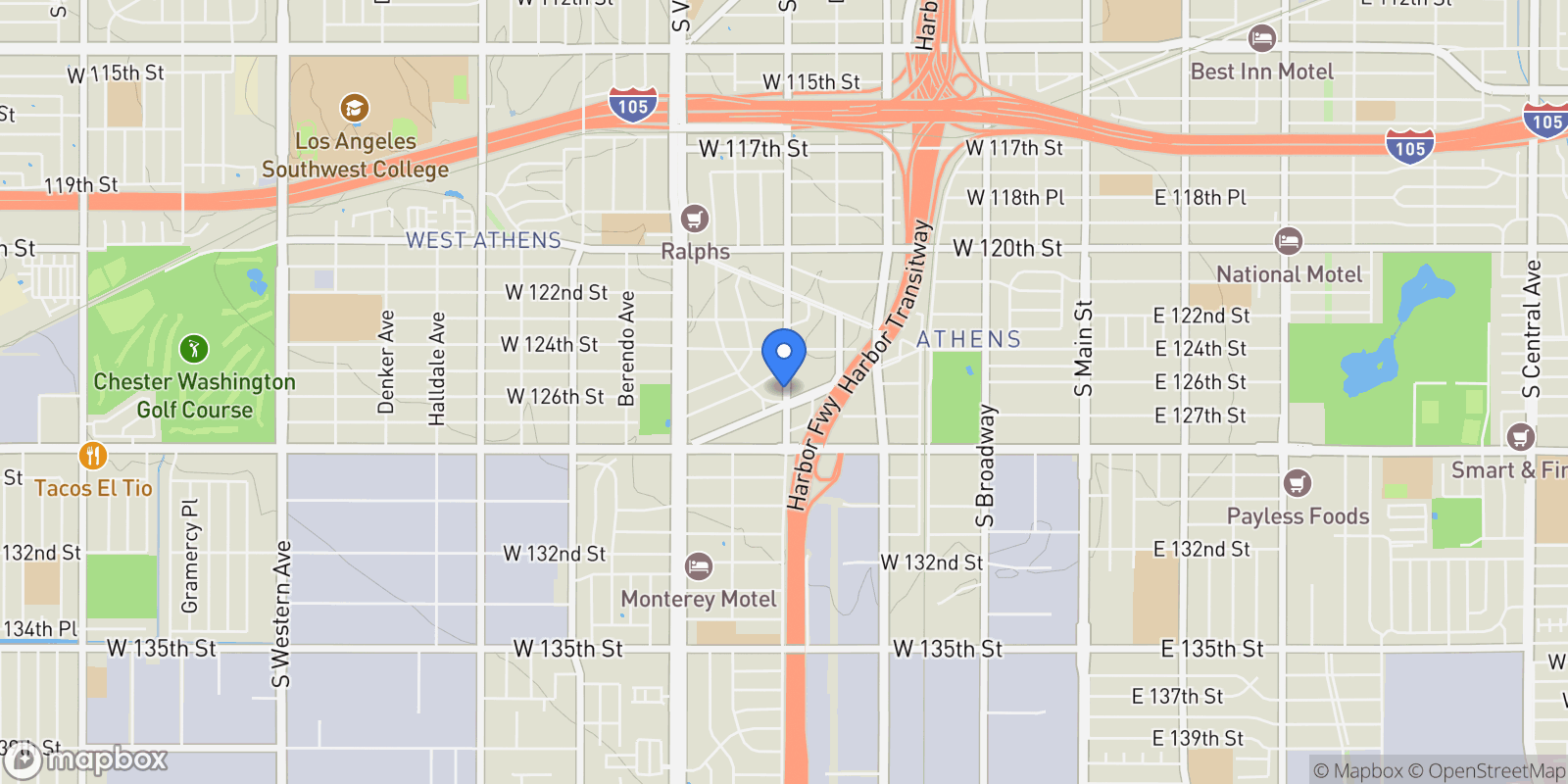Map showing 12621 S Hoover, Los Angeles, California, United States.