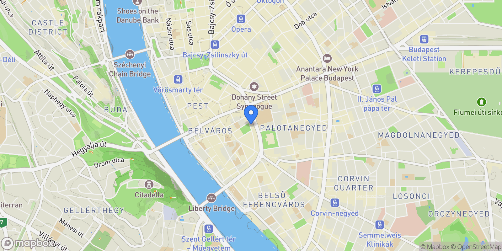 Map showing Budapest, Magyar u. 22, 1053 Hungary, Budapest, Budapest, Hungary.