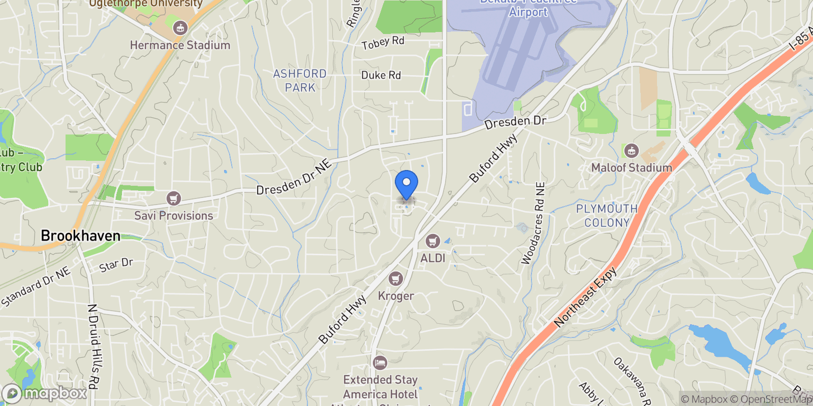 Map showing 1799 Falling Sky Court NE, Brookhaven, Georgia, United States.