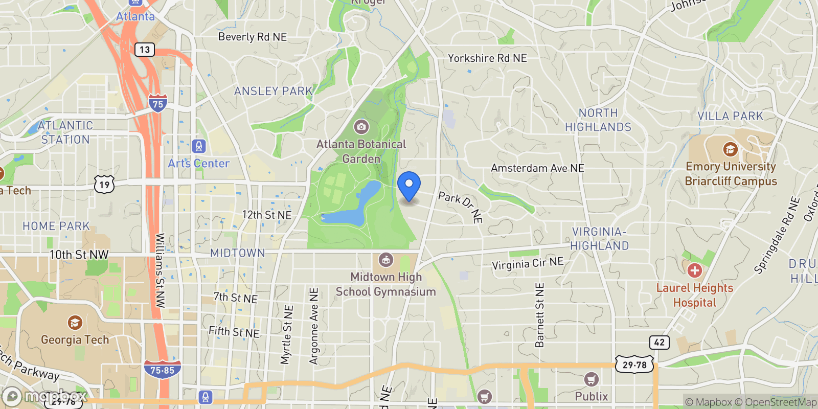 Map showing 547 Elmwood Drive NE, Atlanta, Georgia, United States.