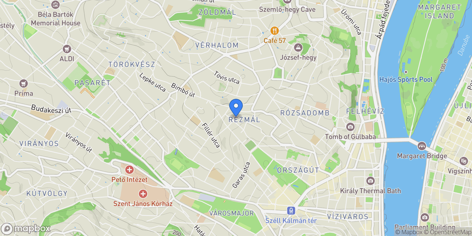 Map showing Budapest, Rézmál, 1022 Hungary, Budapest, Hungary.