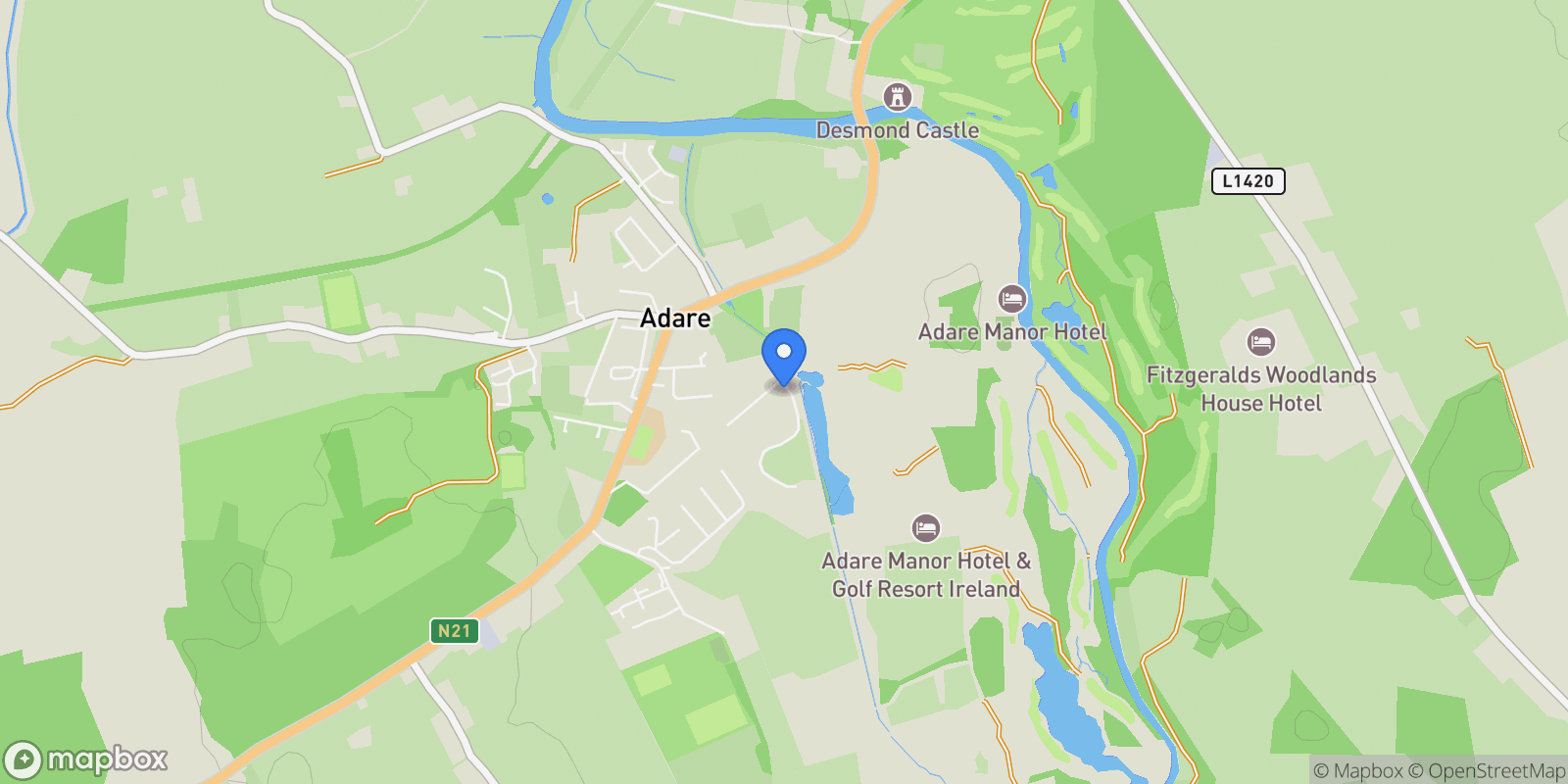 Map showing Oaklodge 9 The Demesne Adare Manor, Co. Limerick, LK V94 C6WK, Adare, County Limerick, Ireland.