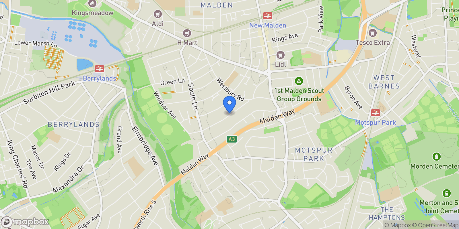 Map showing 48 Thetford Road, New Malden, England, United Kingdom.